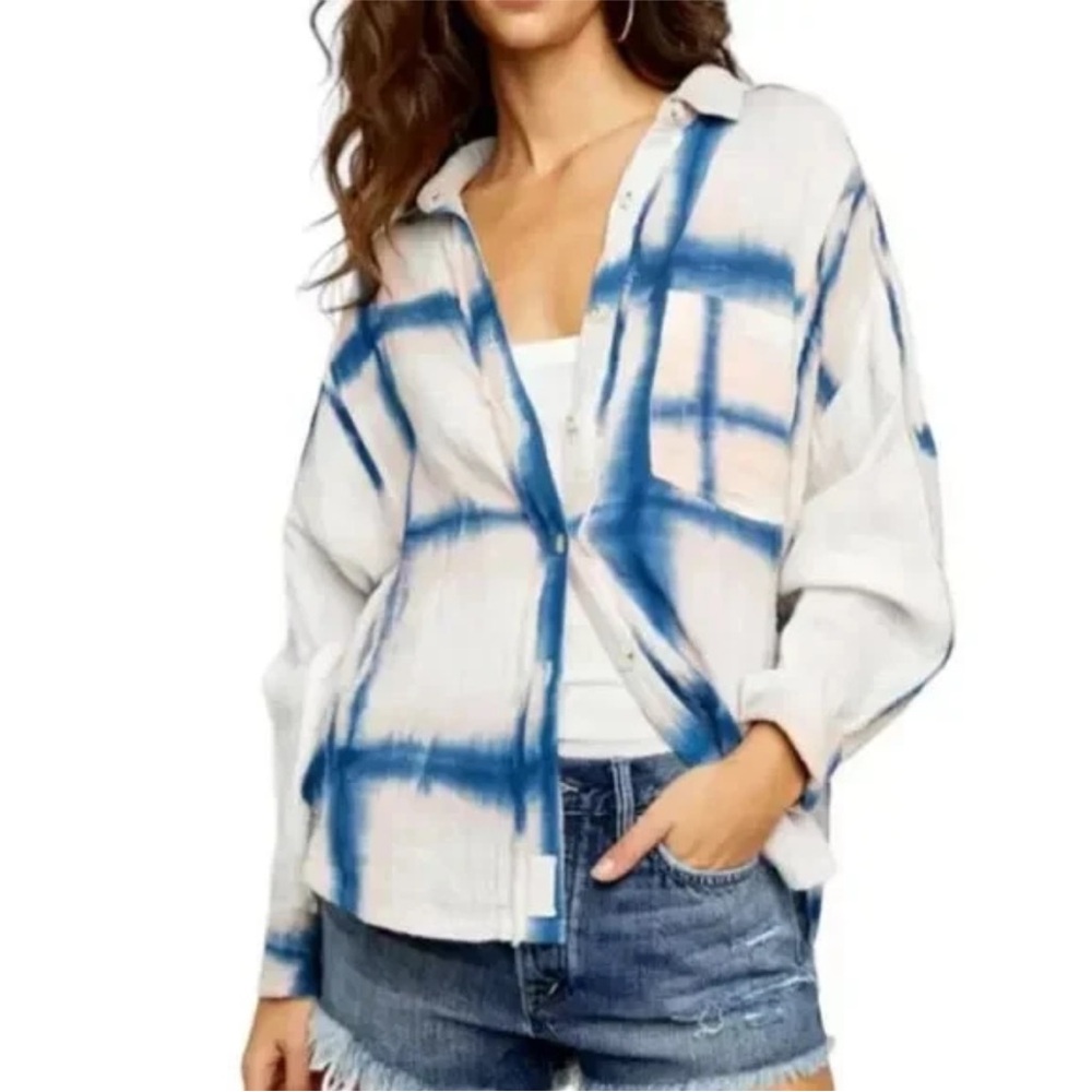 We The Free Blue and White Plaid Button Up Tie dye Shirt